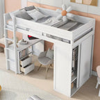 Cama tipo loft individual de madera con armarios y escritorio de 2 cajones con gabinete