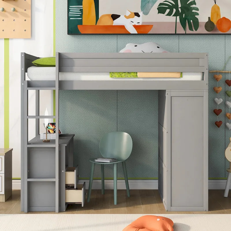 Cama tipo loft individual de madera con armarios y escritorio de 2 cajones con gabinete