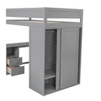 Cama tipo loft individual de madera con armarios y escritorio de 2 cajones con gabinete