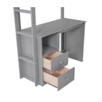 Cama tipo loft individual de madera con armarios y escritorio de 2 cajones con gabinete