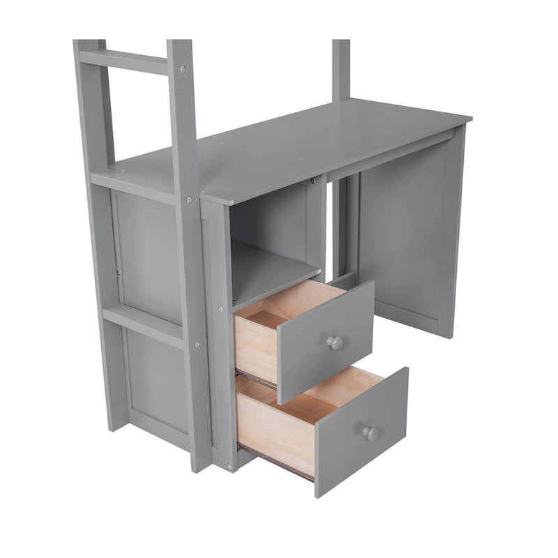 Cama tipo loft individual de madera con armarios y escritorio de 2 cajones con gabinete