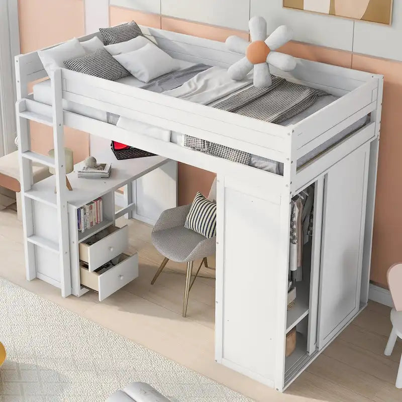 Cama tipo loft individual de madera con armarios y escritorio de 2 cajones con gabinete