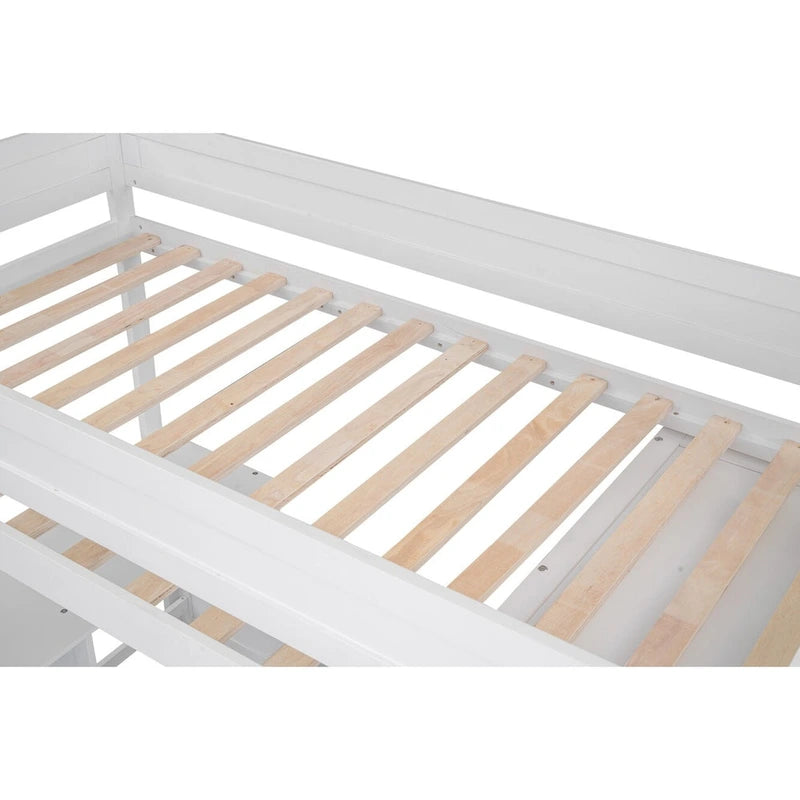 Cama tipo loft individual de madera con armarios y escritorio de 2 cajones con gabinete