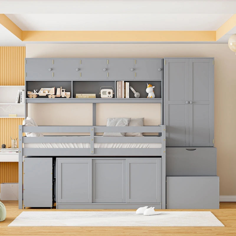 Cama alta individual de madera con gran espacio de almacenamiento con escritorio debajo de la cama, con cajones, con estantes
