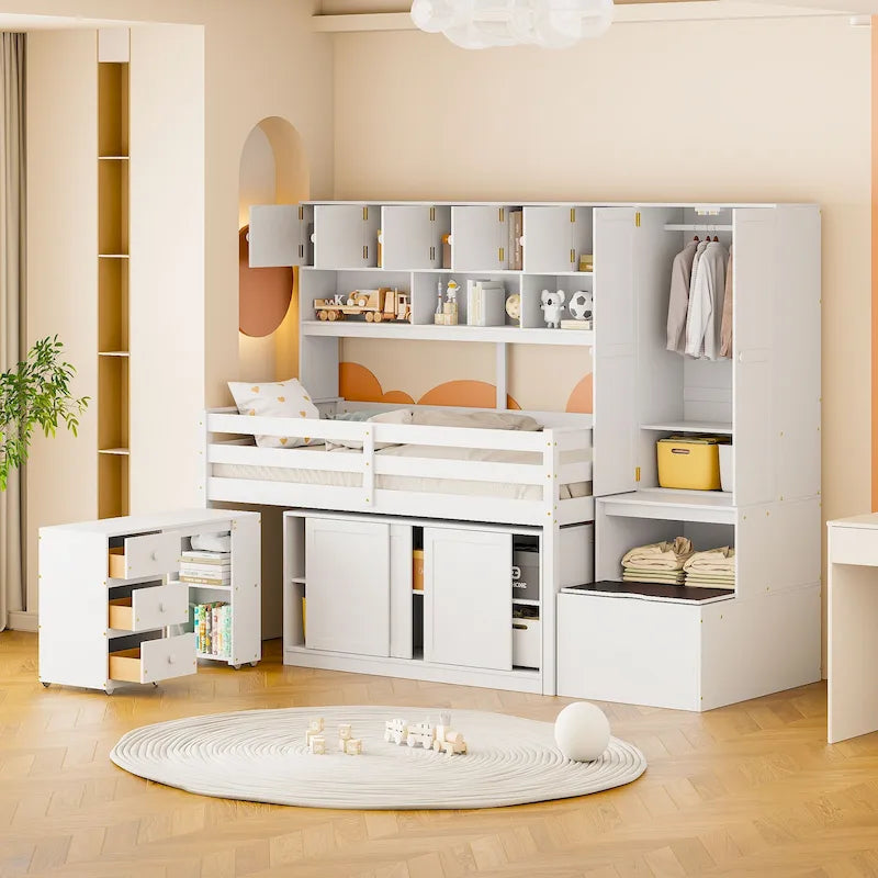 Cama alta individual de madera con gran espacio de almacenamiento con escritorio debajo de la cama, con cajones, con estantes