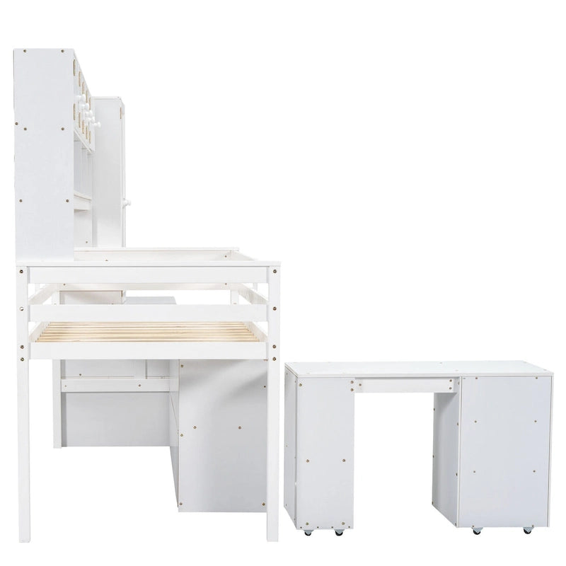 Cama alta individual de madera con gran espacio de almacenamiento con escritorio debajo de la cama, con cajones, con estantes