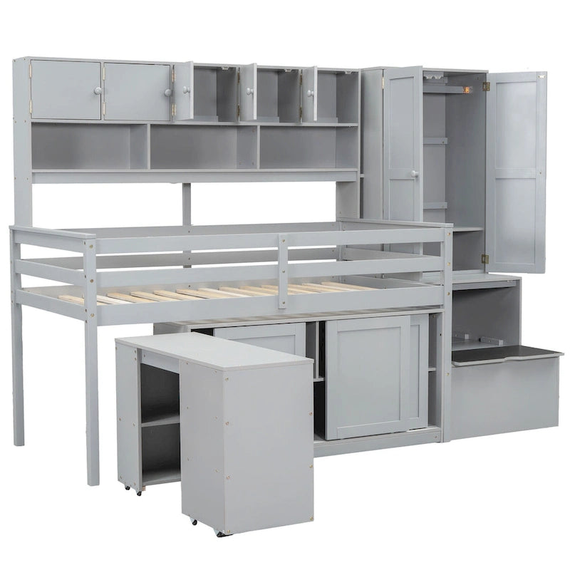 Cama alta individual de madera con gran espacio de almacenamiento con escritorio debajo de la cama, con cajones, con estantes