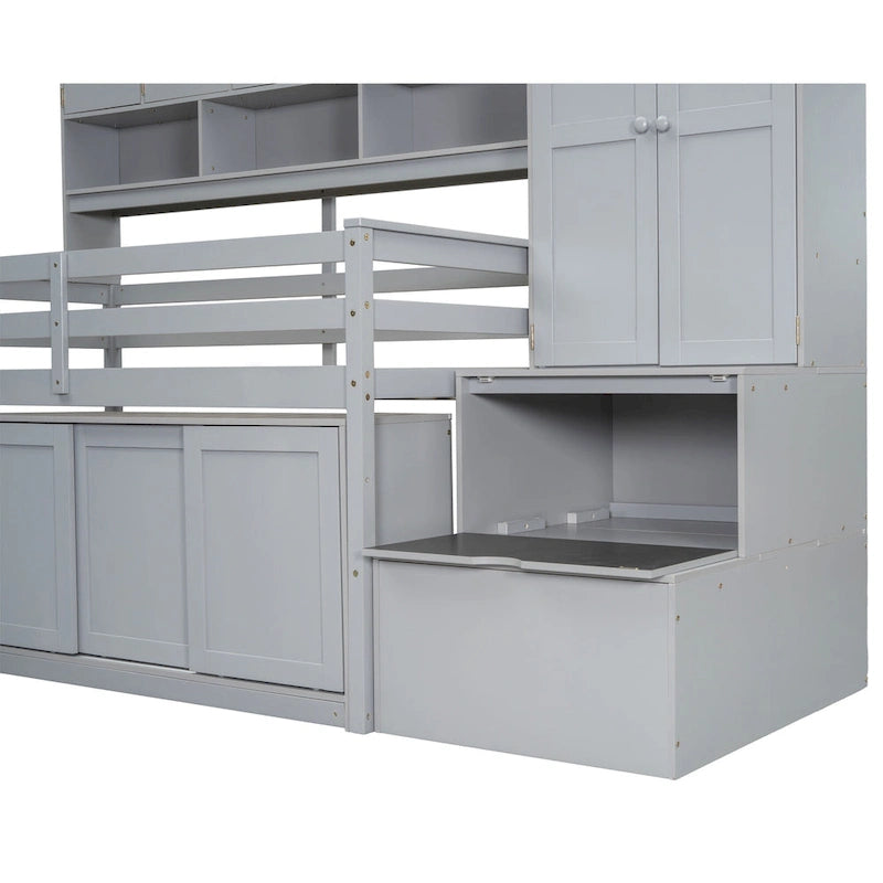 Cama alta individual de madera con gran espacio de almacenamiento con escritorio debajo de la cama, con cajones, con estantes