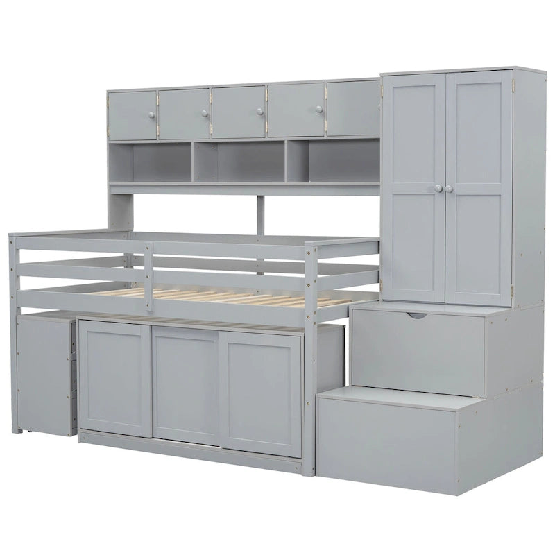 Cama alta individual de madera con gran espacio de almacenamiento con escritorio debajo de la cama, con cajones, con estantes