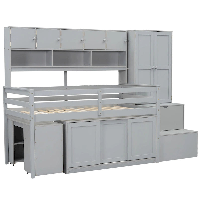 Cama alta individual de madera con gran espacio de almacenamiento con escritorio debajo de la cama, con cajones, con estantes