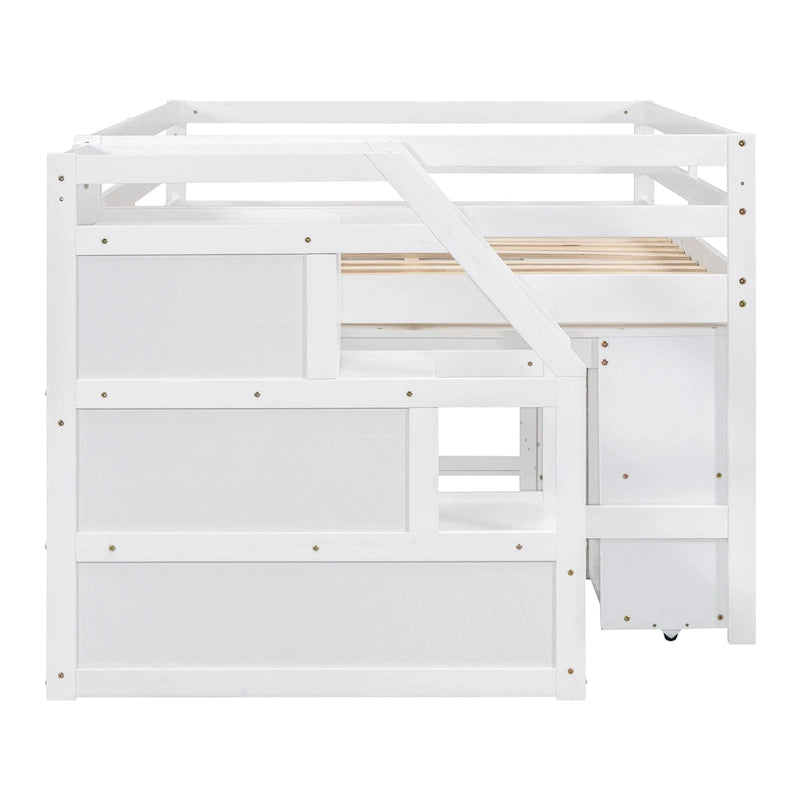 Cama alta de tamaño completo con escritorio retráctil y 3 cajones, cama alta de madera con escaleras de almacenamiento y estantes