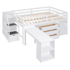 Cama alta de tamaño completo con escritorio retráctil y 3 cajones, cama alta de madera con escaleras de almacenamiento y estantes