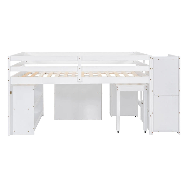 Cama alta de tamaño completo con escritorio retráctil y 3 cajones, cama alta de madera con escaleras de almacenamiento y estantes