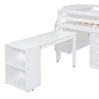 Cama alta de tamaño completo con escritorio retráctil y 3 cajones, cama alta de madera con escaleras de almacenamiento y estantes