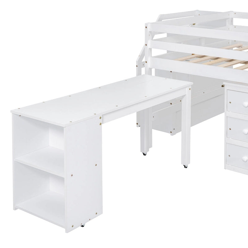 Cama alta de tamaño completo con escritorio retráctil y 3 cajones, cama alta de madera con escaleras de almacenamiento y estantes