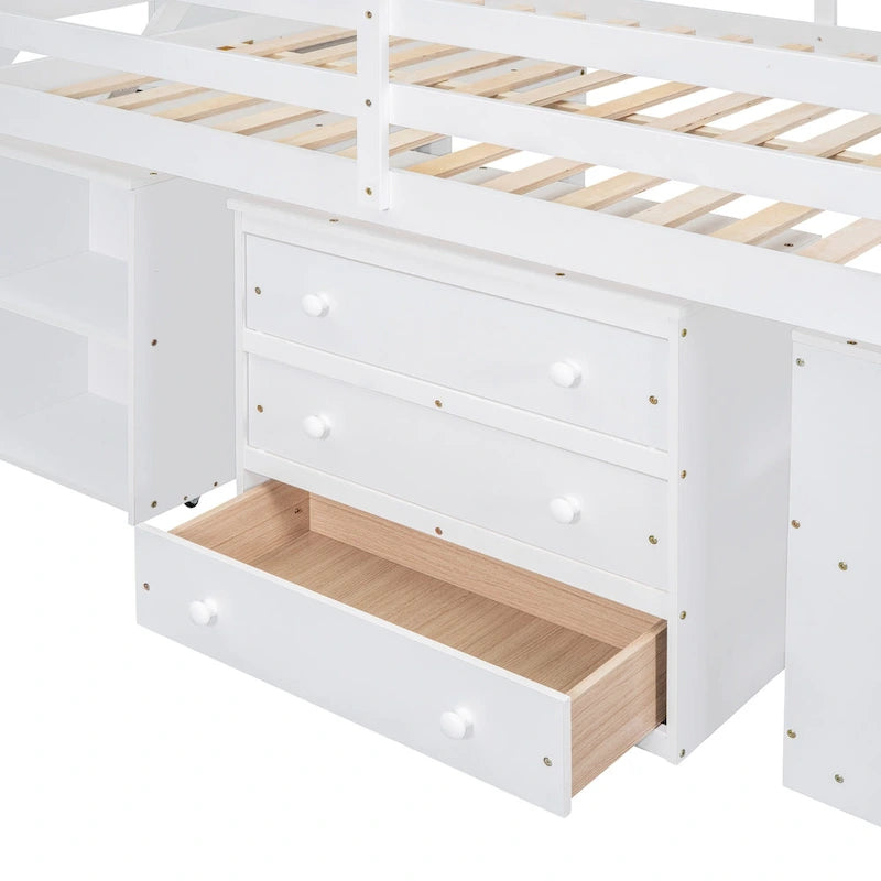 Cama alta de tamaño completo con escritorio retráctil y 3 cajones, cama alta de madera con escaleras de almacenamiento y estantes