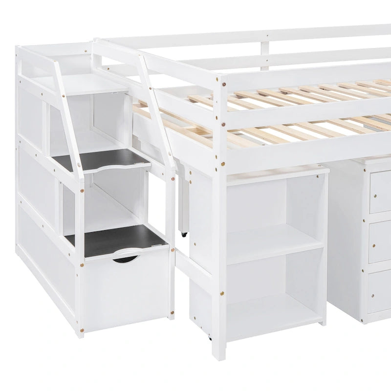 Cama alta de tamaño completo con escritorio retráctil y 3 cajones, cama alta de madera con escaleras de almacenamiento y estantes