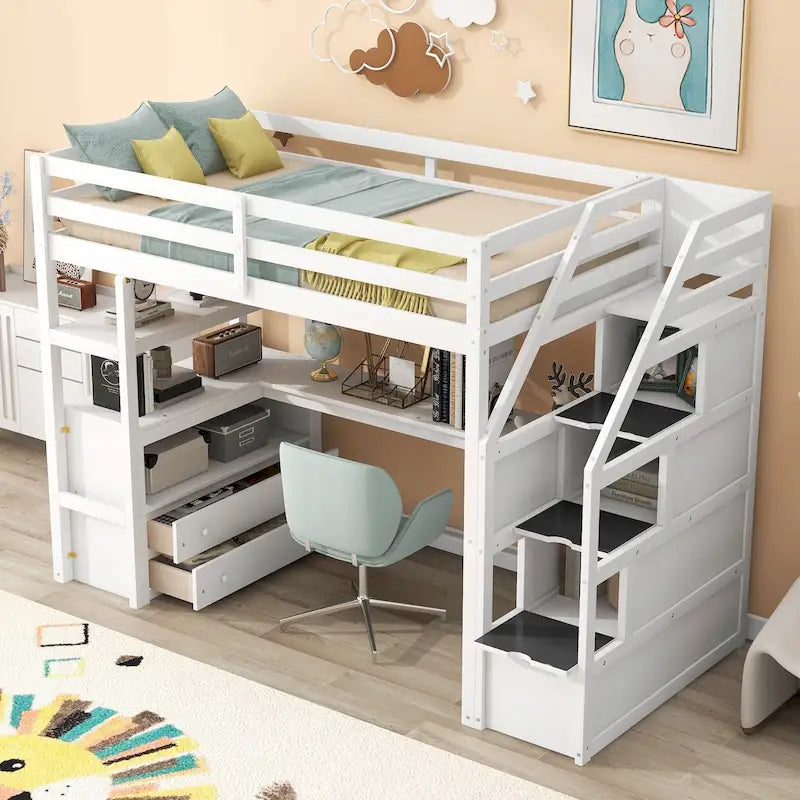 Cama alta individual con escritorio, estantes, 2 cajones integrados y escalera de almacenamiento | 136 kg