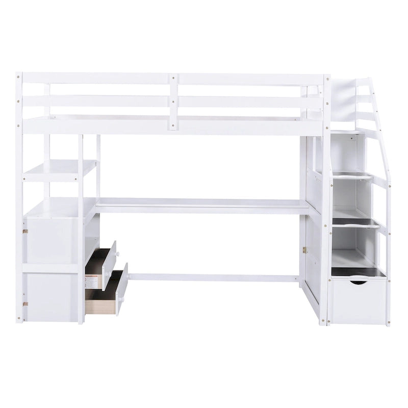 Cama alta individual con escritorio, estantes, 2 cajones integrados y escalera de almacenamiento | 136 kg