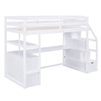 Cama alta individual con escritorio, estantes, 2 cajones integrados y escalera de almacenamiento | 136 kg