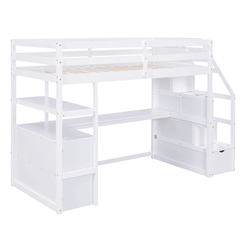 Cama alta individual con escritorio, estantes, 2 cajones integrados y escalera de almacenamiento | 136 kg
