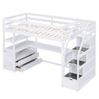 Cama alta individual con escritorio, estantes, 2 cajones integrados y escalera de almacenamiento | 136 kg