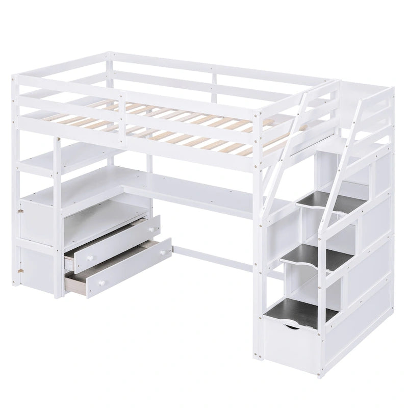 Cama alta individual con escritorio, estantes, 2 cajones integrados y escalera de almacenamiento | 136 kg