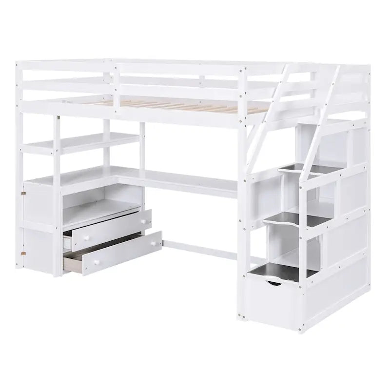 Cama alta individual con escritorio, estantes, 2 cajones integrados y escalera de almacenamiento | 136 kg