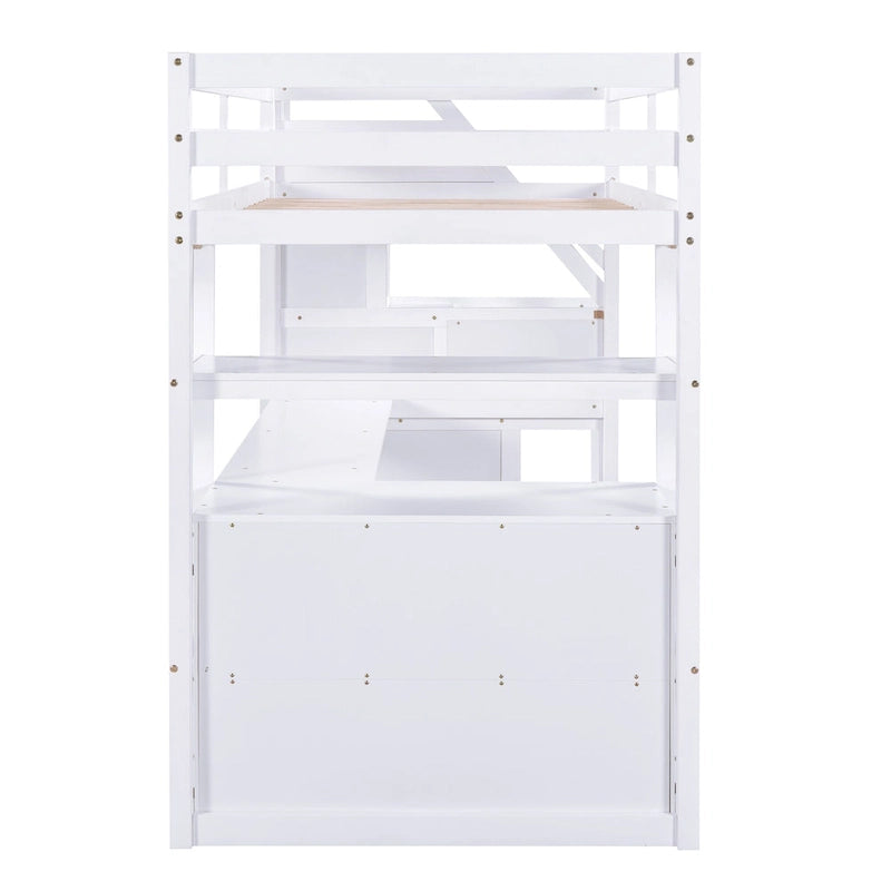 Cama alta individual con escritorio, estantes, 2 cajones integrados y escalera de almacenamiento | 136 kg
