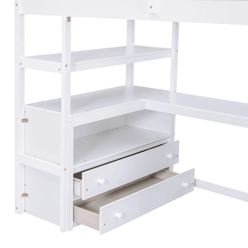 Cama alta individual con escritorio, estantes, 2 cajones integrados y escalera de almacenamiento | 136 kg