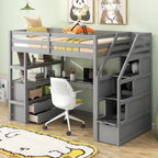 Cama alta individual con escritorio, estantes, 2 cajones integrados y escalera de almacenamiento | 136 kg