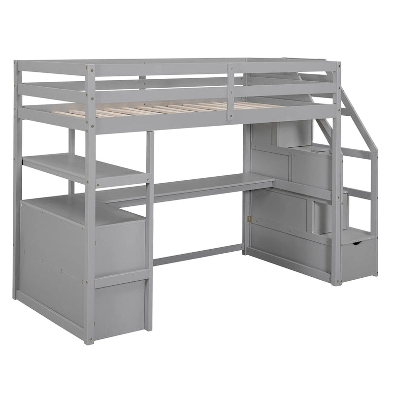 Cama alta individual con escritorio, estantes, 2 cajones integrados y escalera de almacenamiento | 136 kg