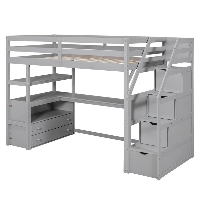 Cama alta individual con escritorio, estantes, 2 cajones integrados y escalera de almacenamiento | 136 kg