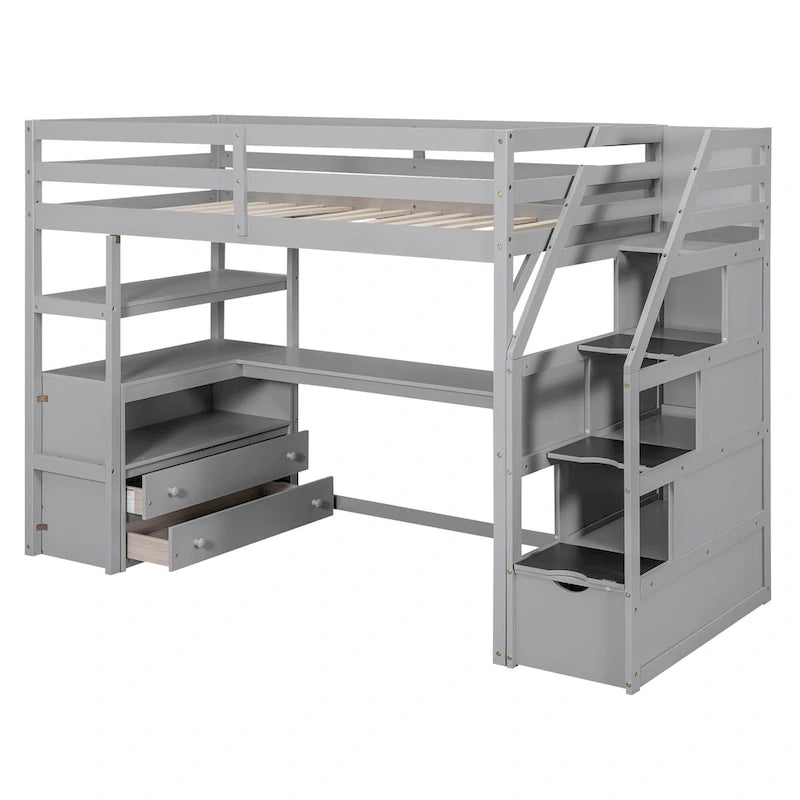 Cama alta individual con escritorio, estantes, 2 cajones integrados y escalera de almacenamiento | 136 kg