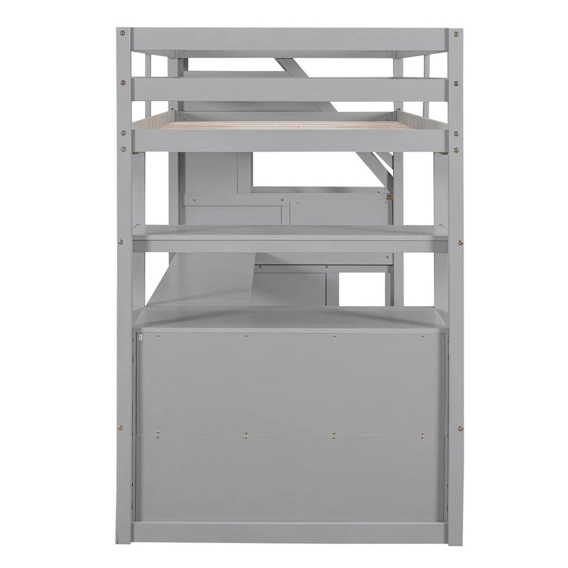 Cama alta individual con escritorio, estantes, 2 cajones integrados y escalera de almacenamiento | 136 kg