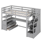 Cama alta individual con escritorio, estantes, 2 cajones integrados y escalera de almacenamiento | 136 kg