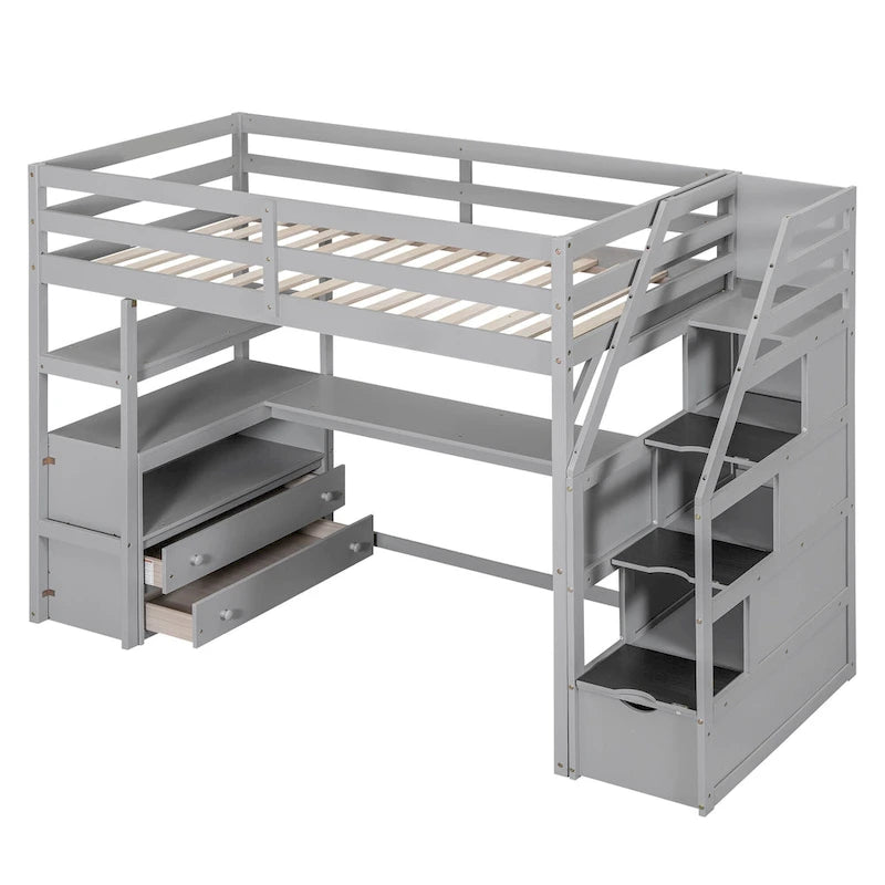 Cama alta individual con escritorio, estantes, 2 cajones integrados y escalera de almacenamiento | 136 kg