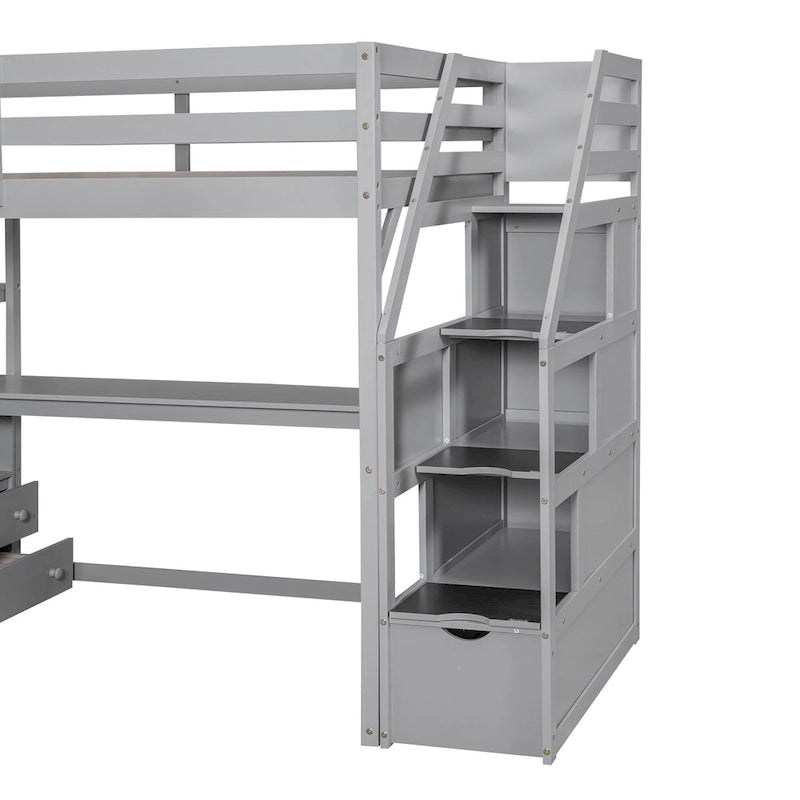 Cama alta individual con escritorio, estantes, 2 cajones integrados y escalera de almacenamiento | 136 kg