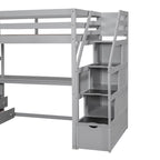 Cama alta individual con escritorio, estantes, 2 cajones integrados y escalera de almacenamiento | 136 kg
