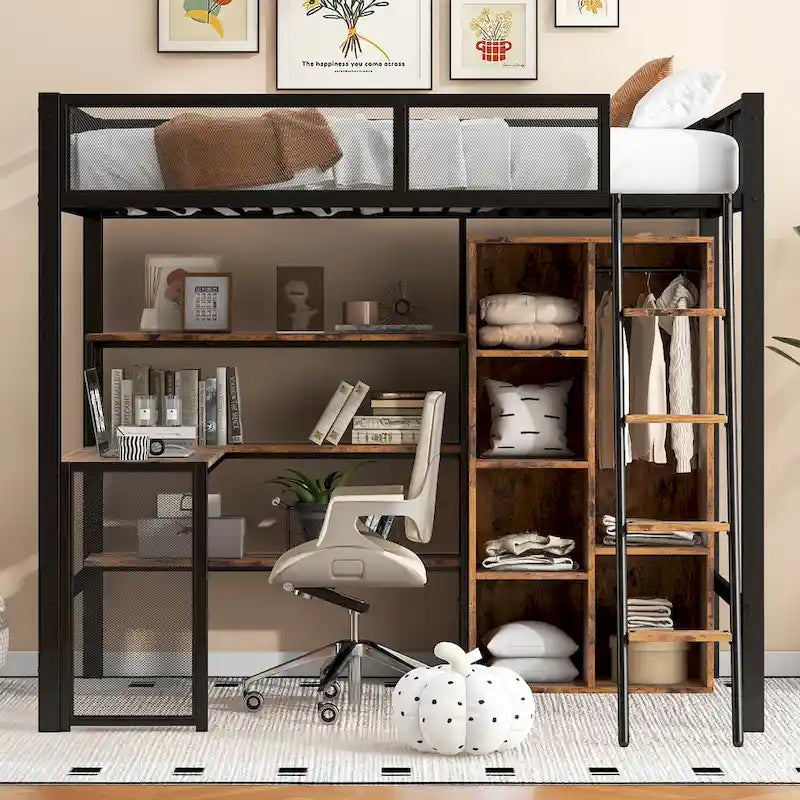 Cama alta de metal individual con escritorio y estante | Diseño que ahorra espacio para niños