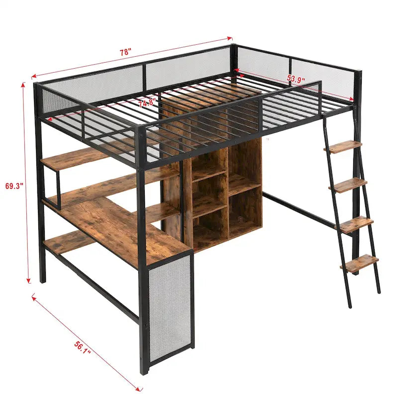 Cama alta de metal individual con escritorio y estante | Diseño que ahorra espacio para niños