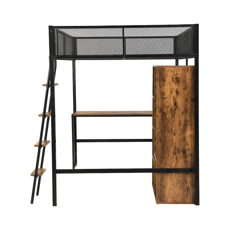 Cama alta de metal individual con escritorio y estante | Diseño que ahorra espacio para niños