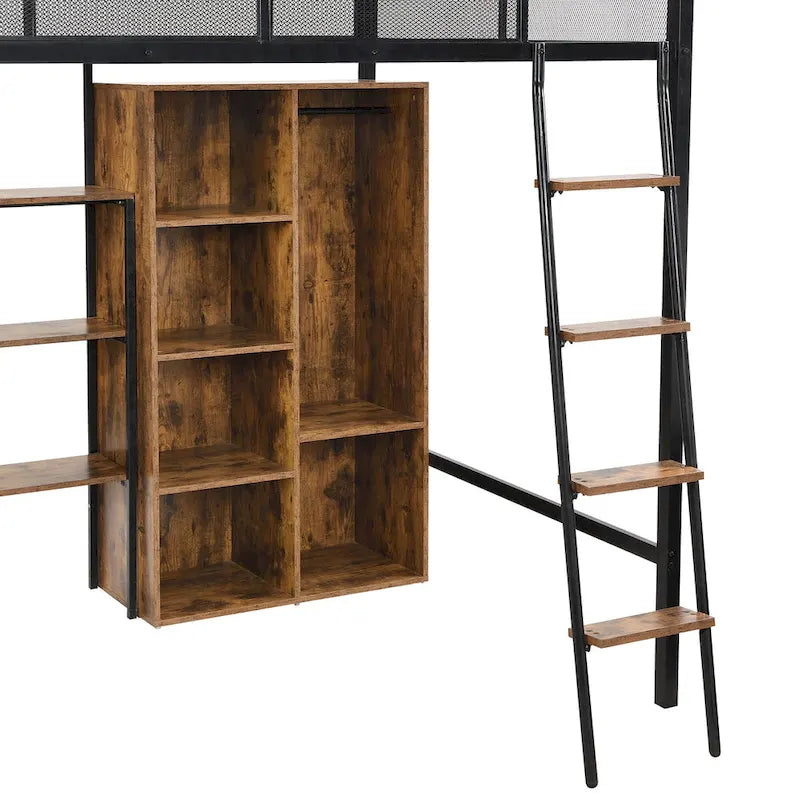 Cama alta de metal individual con escritorio y estante | Diseño que ahorra espacio para niños