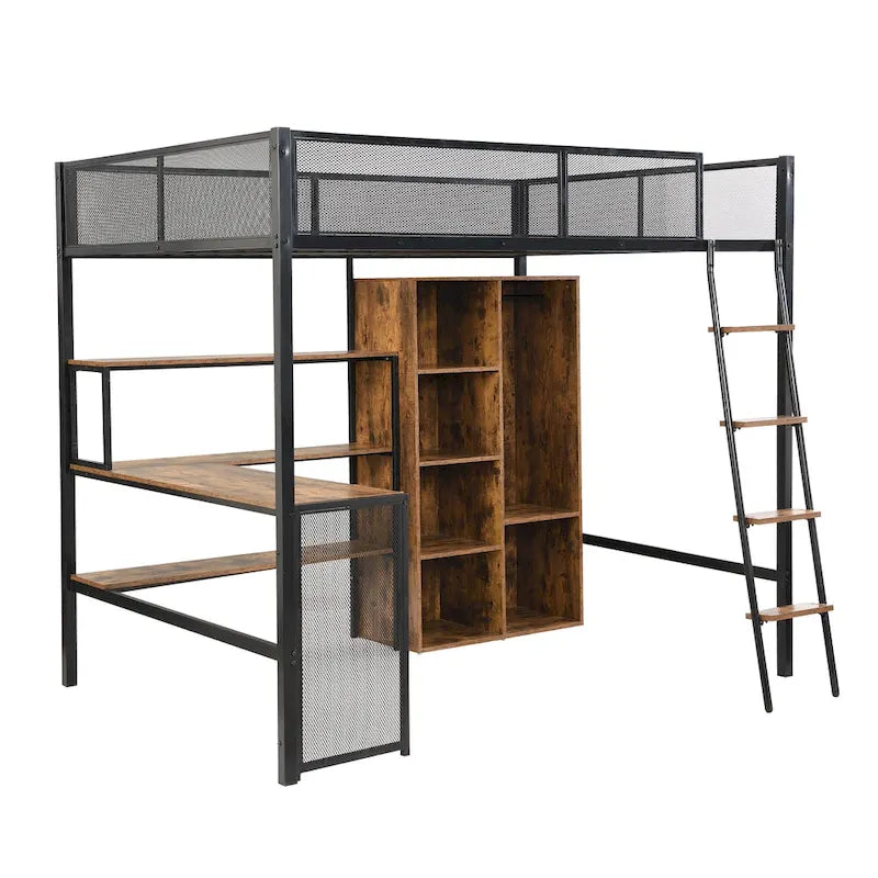 Cama alta de metal individual con escritorio y estante | Diseño que ahorra espacio para niños