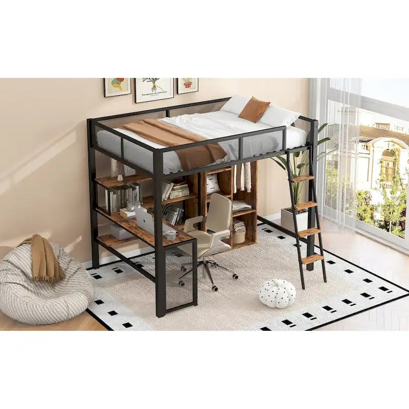 Cama alta de metal individual con escritorio y estante | Diseño que ahorra espacio para niños