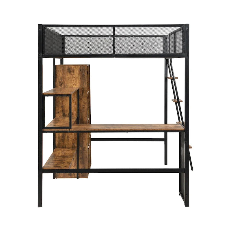 Cama alta de metal individual con escritorio y estante | Diseño que ahorra espacio para niños