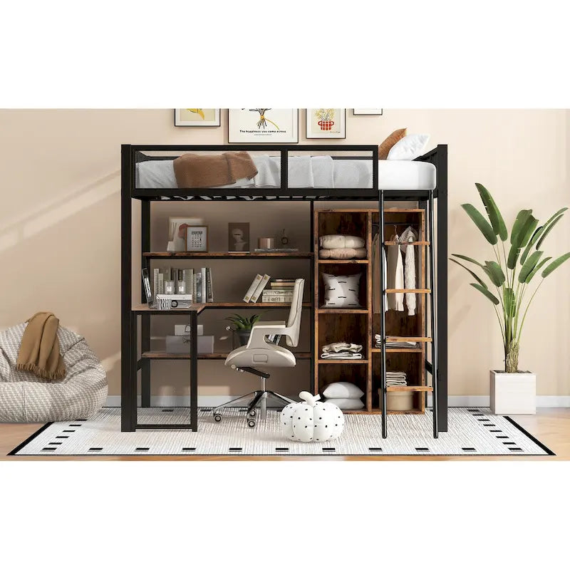 Cama alta de metal individual con escritorio y estante | Diseño que ahorra espacio para niños