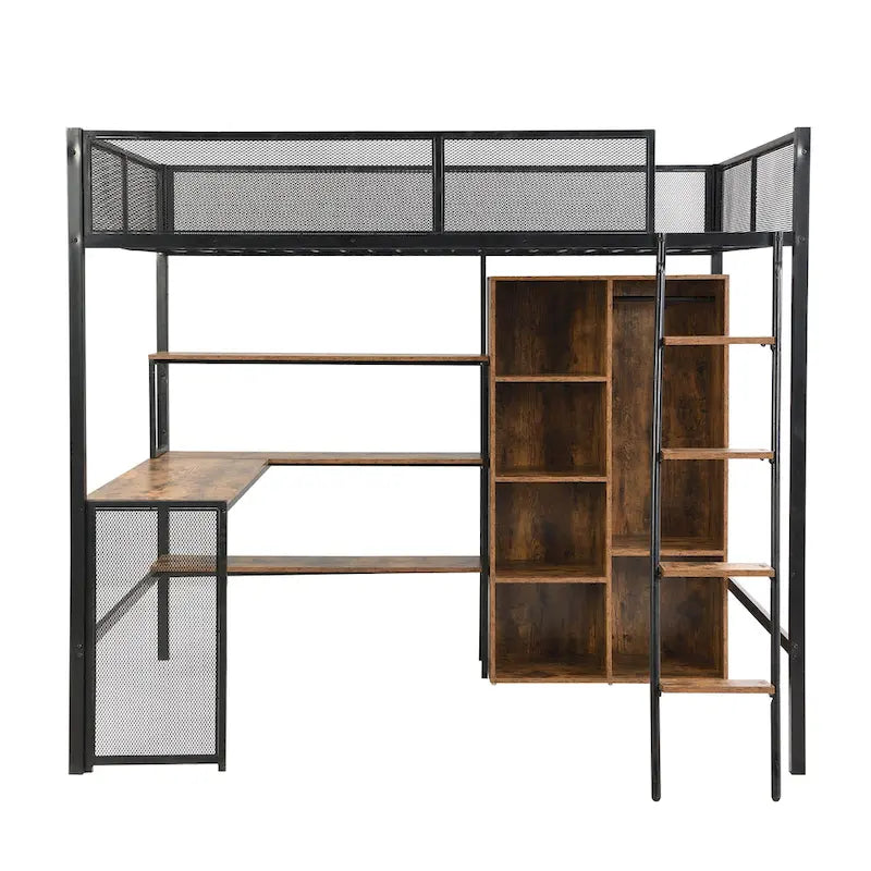 Cama alta de metal individual con escritorio y estante | Diseño que ahorra espacio para niños