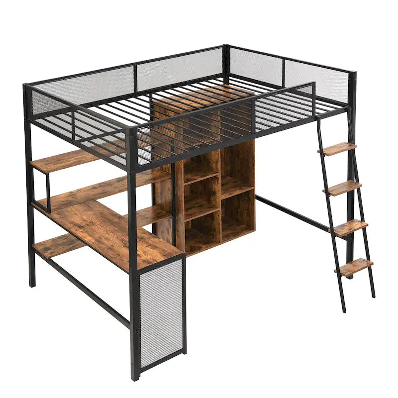 Cama alta de metal individual con escritorio y estante | Diseño que ahorra espacio para niños