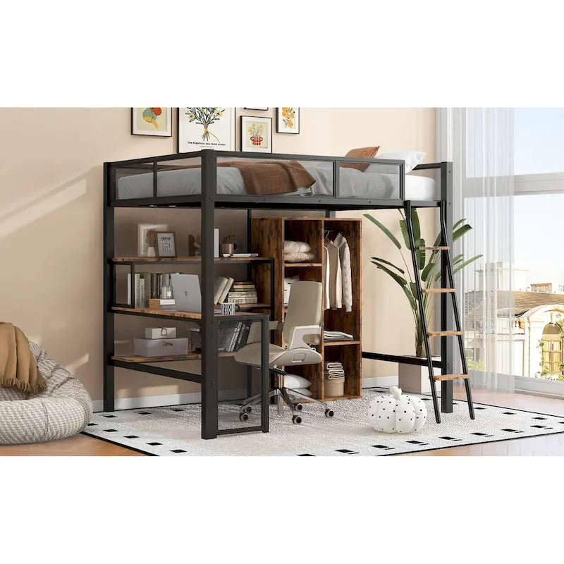 Cama alta de metal individual con escritorio y estante | Diseño que ahorra espacio para niños